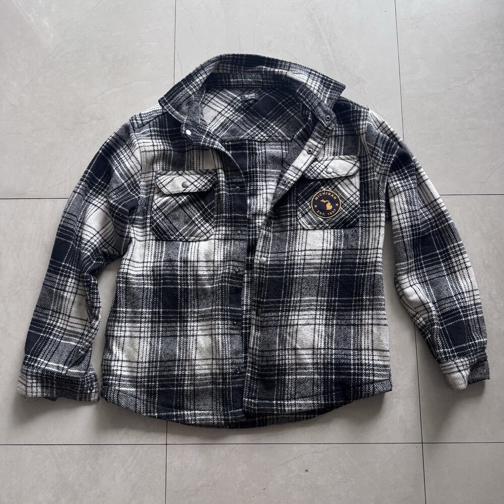Home Free Unisex Black White Plaid Snap/Button Front Shacket Jacket M Pockets